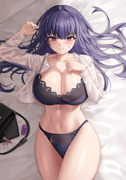 ͼƬ 3000x4277  
			genshin impact
			raiden shogun
			lkdv
			single
			long hair
			tall image
			looking at viewer
			blush
			highres
			breasts
			light erotic
			large breasts
			purple eyes
			purple hair
			lying
			long sleeves
			mole
			arms up
			on back
			mole under eye
