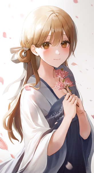 ͼƬ 1000x1821  
			original
			langmal
			single
			long hair
			tall image
			looking at viewer
			blush
			fringe
			simple background
			smile
			brown hair
			hair between eyes
			standing
			white background
			brown eyes
			holding
			traditional clothes
			wide sleeves
			arms up
			cherry blossoms
